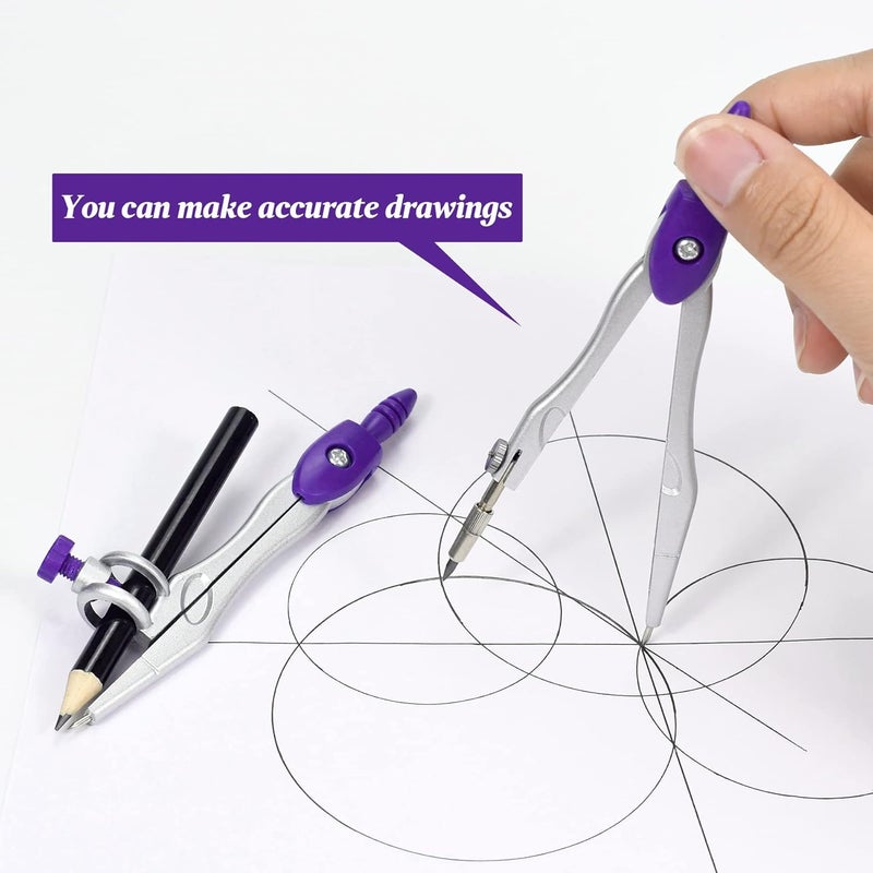 Vobou Math Geometry Kit Sets 10 Piece Student Supplies with Shatterproof Storage Box,Includes Rulers,Protractor,Compass,Eraser,Pencil Sharpener,Lead Refills,Pencil,for Drafting（Purple） - Image 5